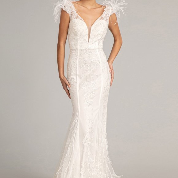 GLS Collective Dresses & Skirts - WHITE Feather Embellished Sleeveless Glitter Mesh Prom Dress Sheer Back GL1983